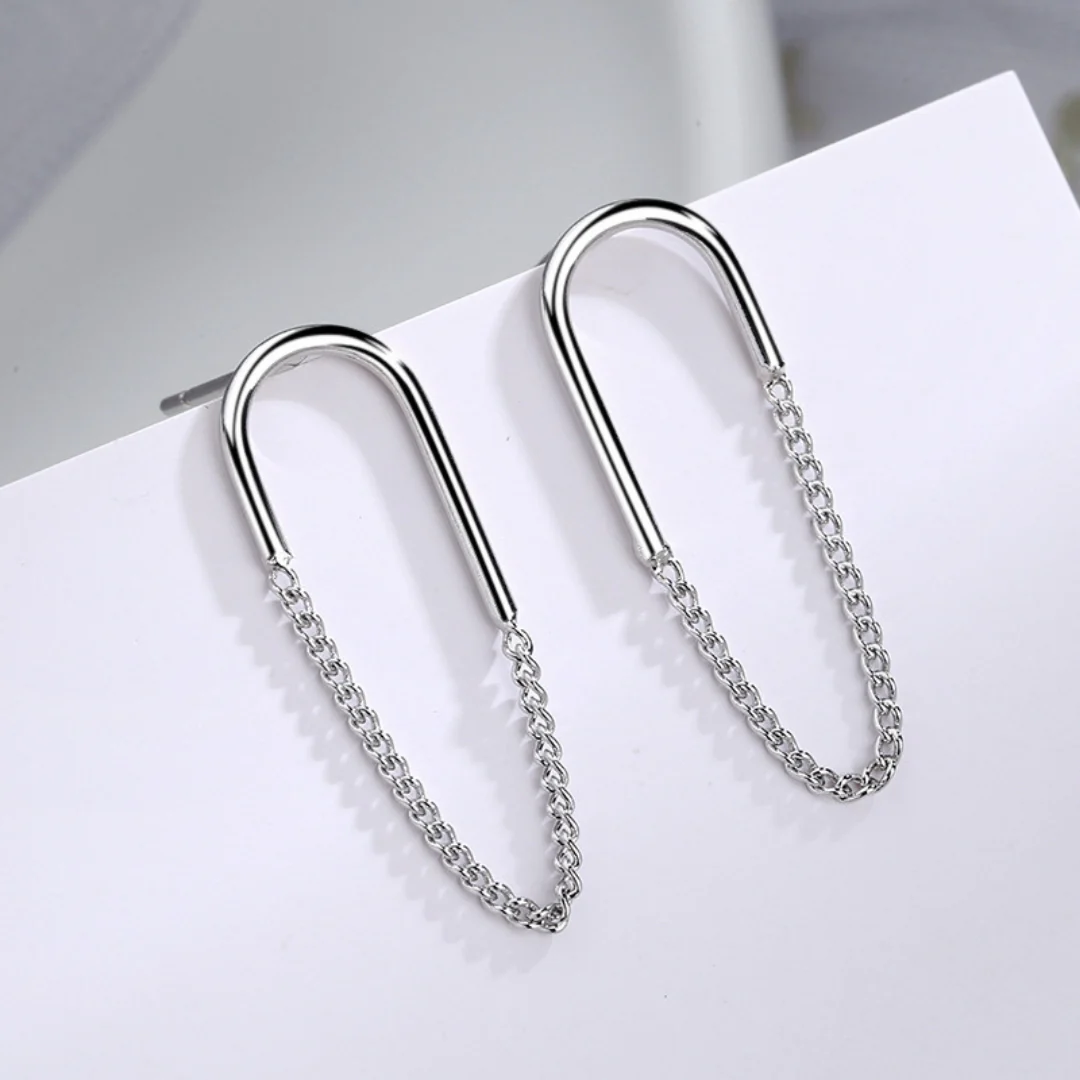 Arc & Chain Silver Drops Earrings - Image 3