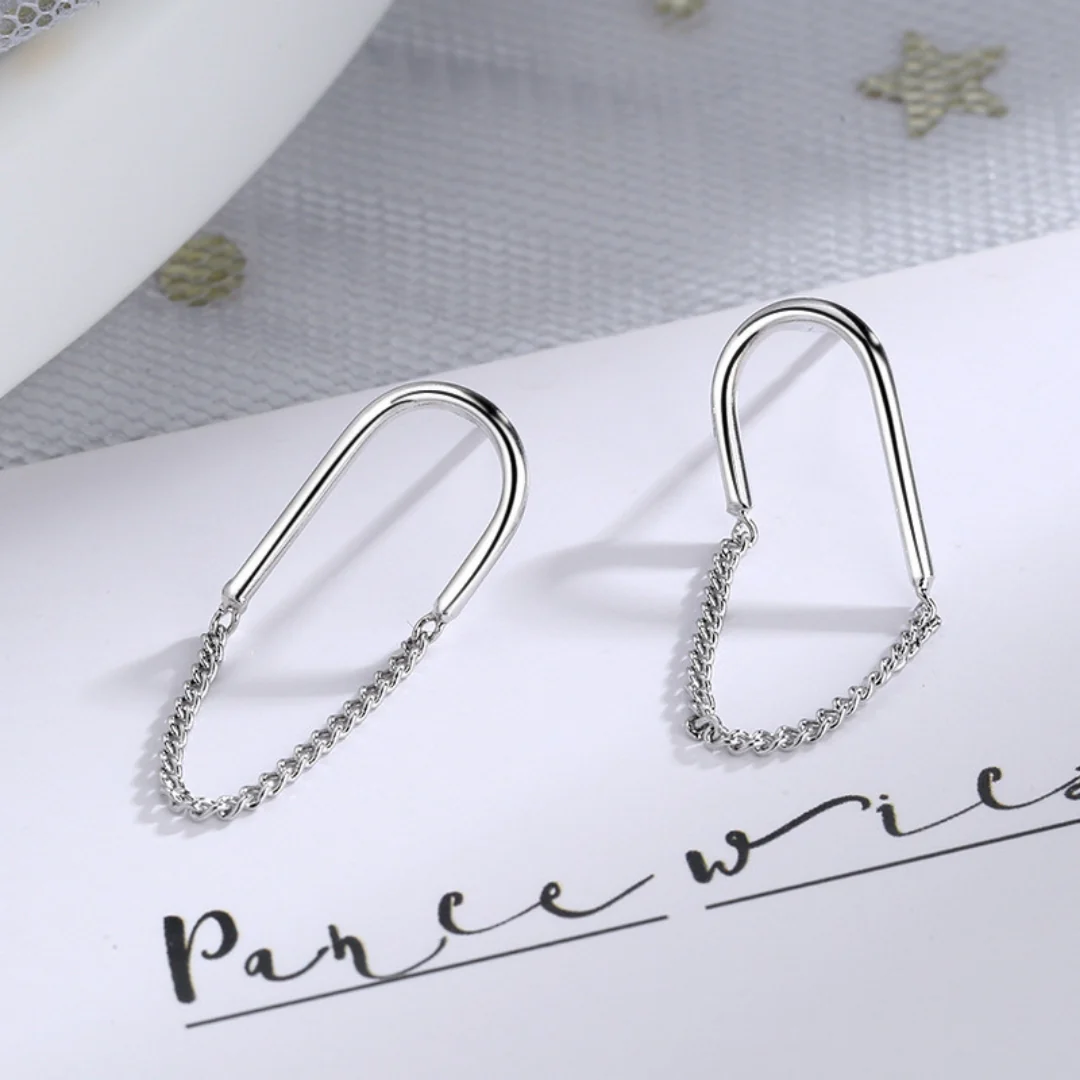 Arc & Chain Silver Drops Earrings - Image 4