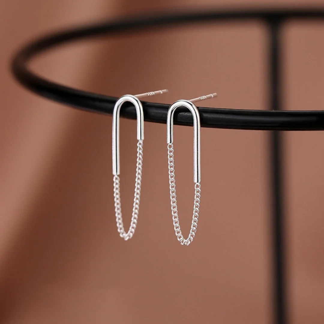Arc & Chain Silver Drops Earrings - Image 5