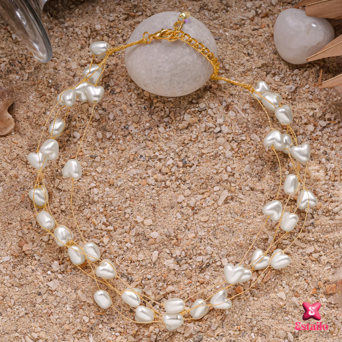 White Heart-Pearl Choker Necklace - Image 3