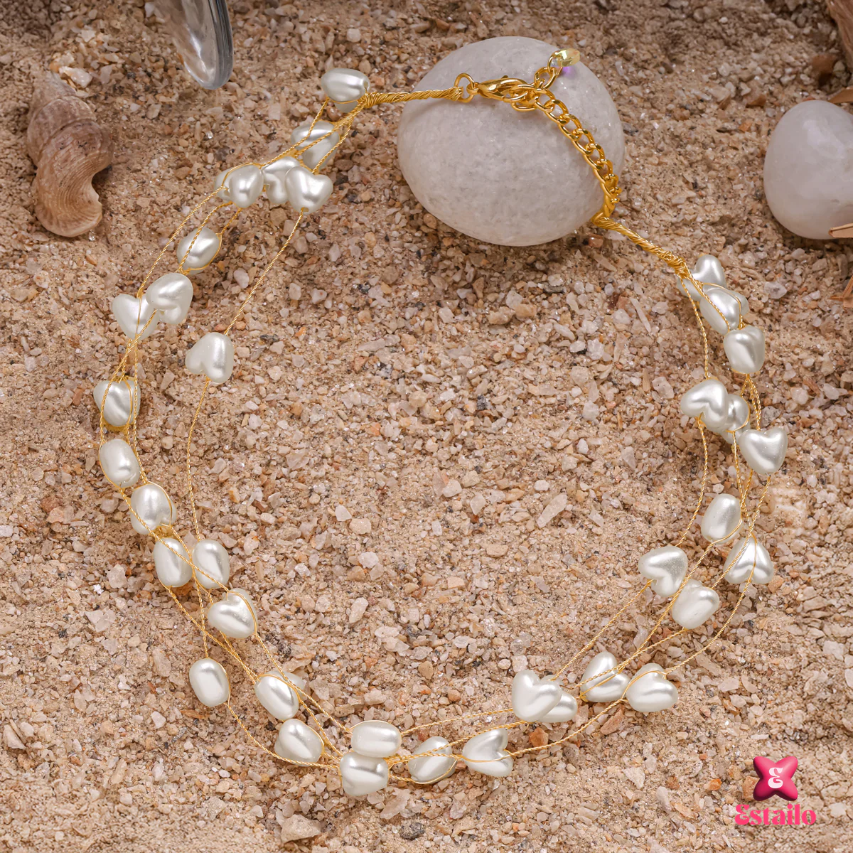 White Heart-Pearl Choker Necklace - Image 4