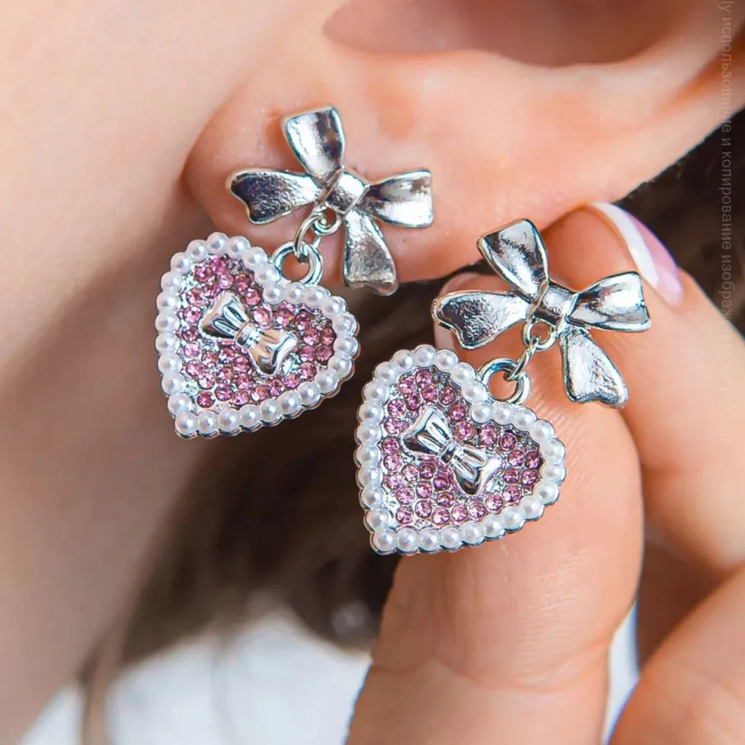 Bow & Crystal Heart Studs Earrings - Image 3