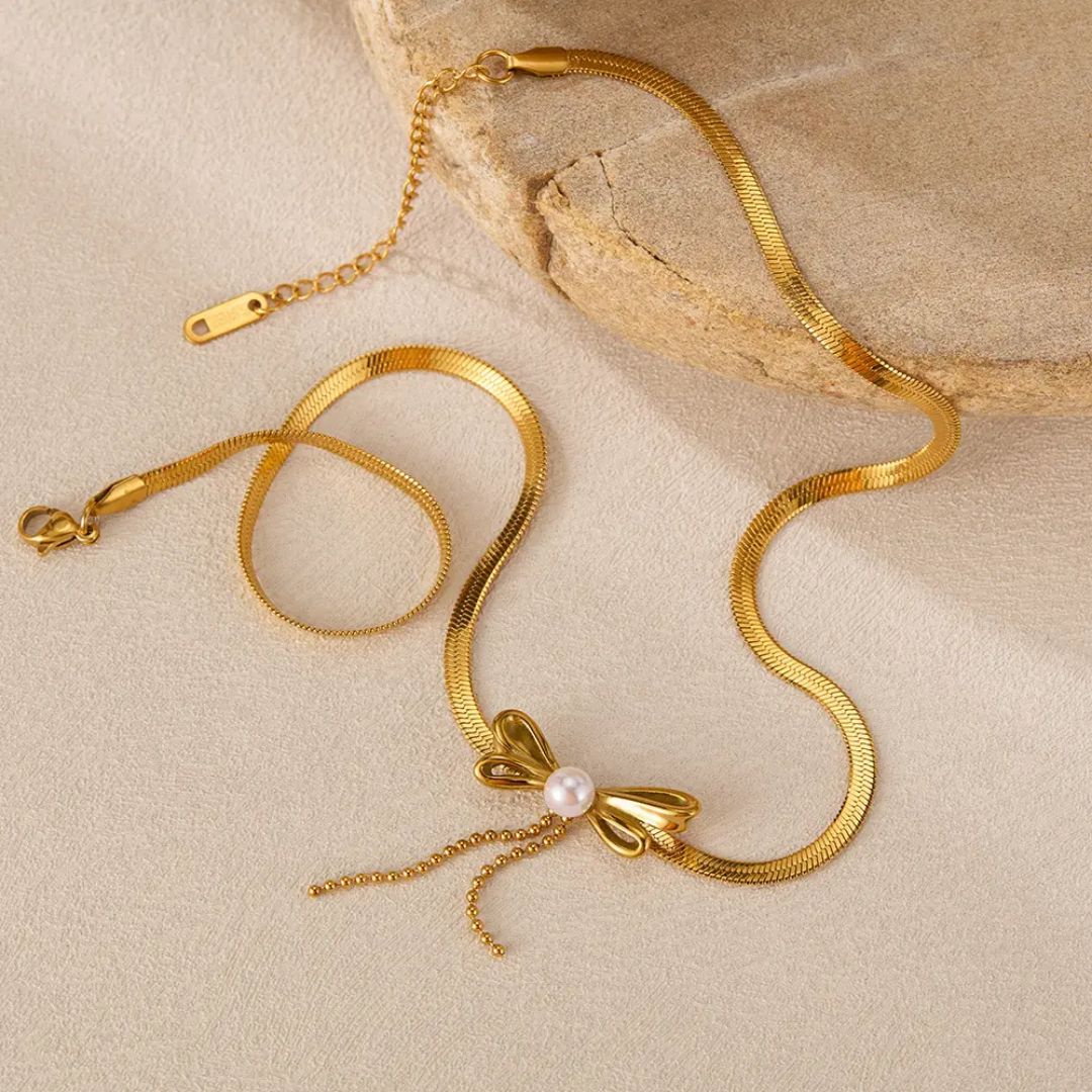 Bow Pearl Dangle Necklace - Image 2