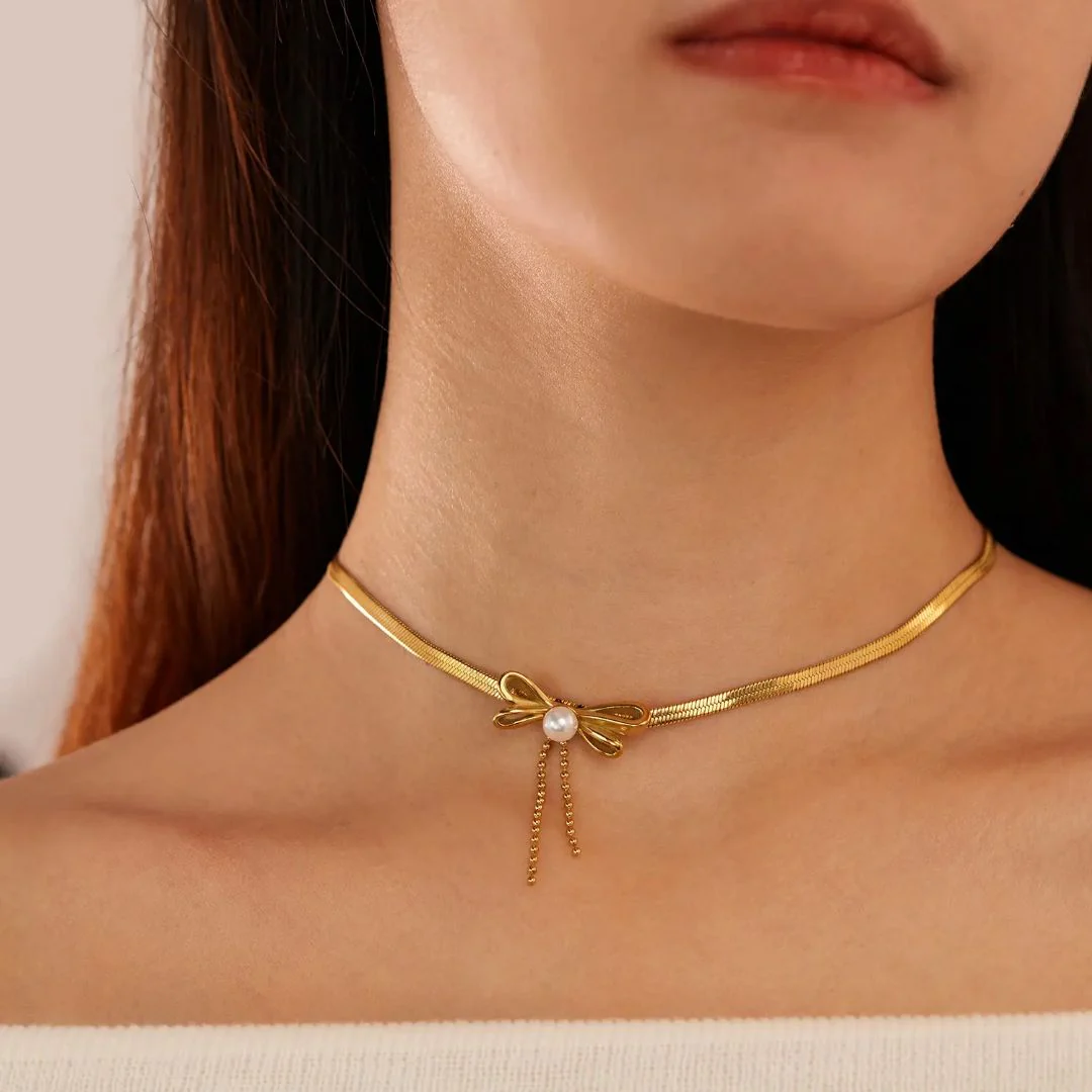 Bow Pearl Dangle Necklace - Image 5