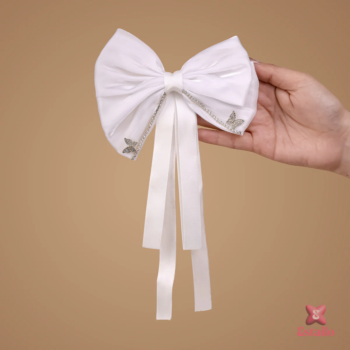 Embellished White Hair Bow Clip - Image 2