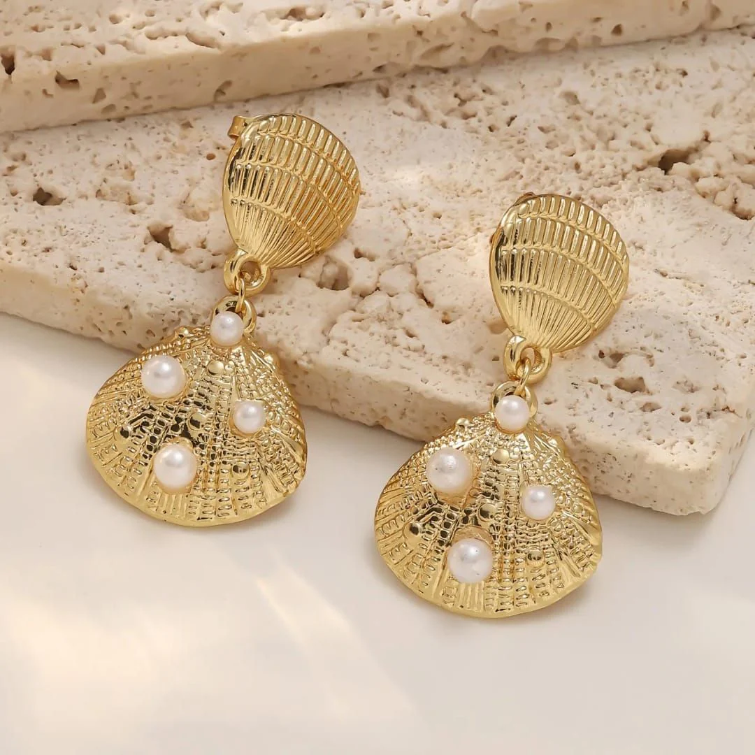 Golden Seashell Pearl Drops Earring - Image 3