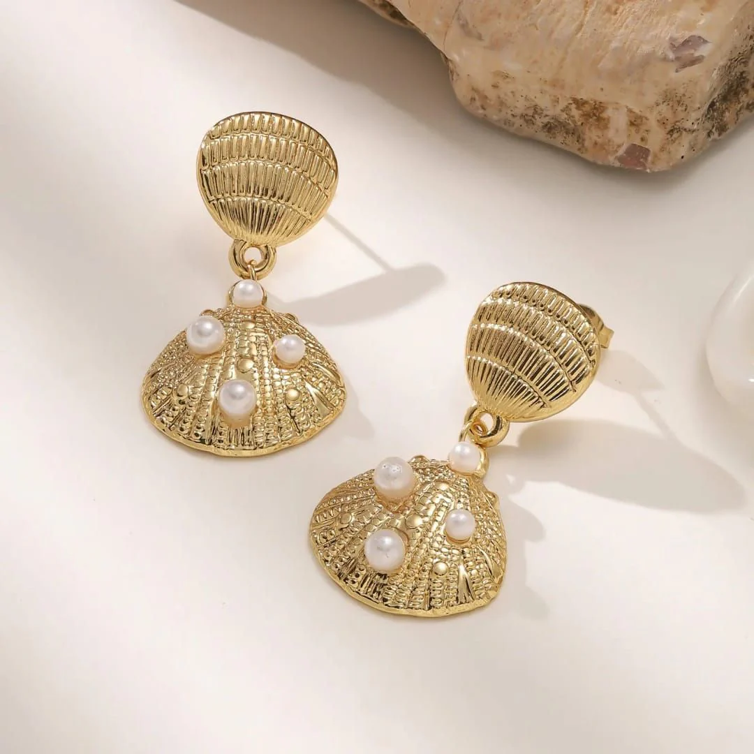 Golden Seashell Pearl Drops Earring - Image 4