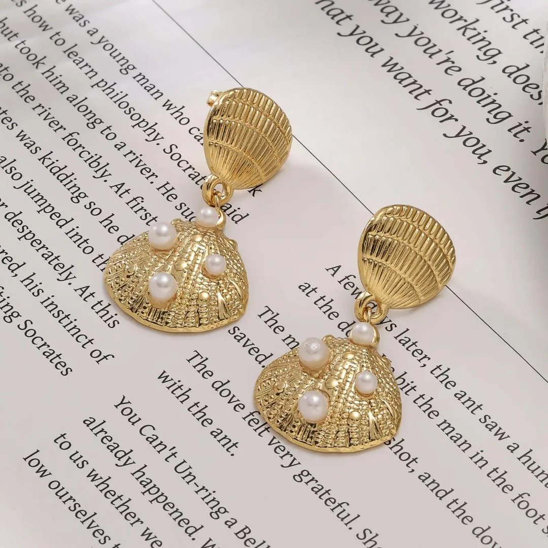 Golden Seashell Pearl Drops Earring - Image 5