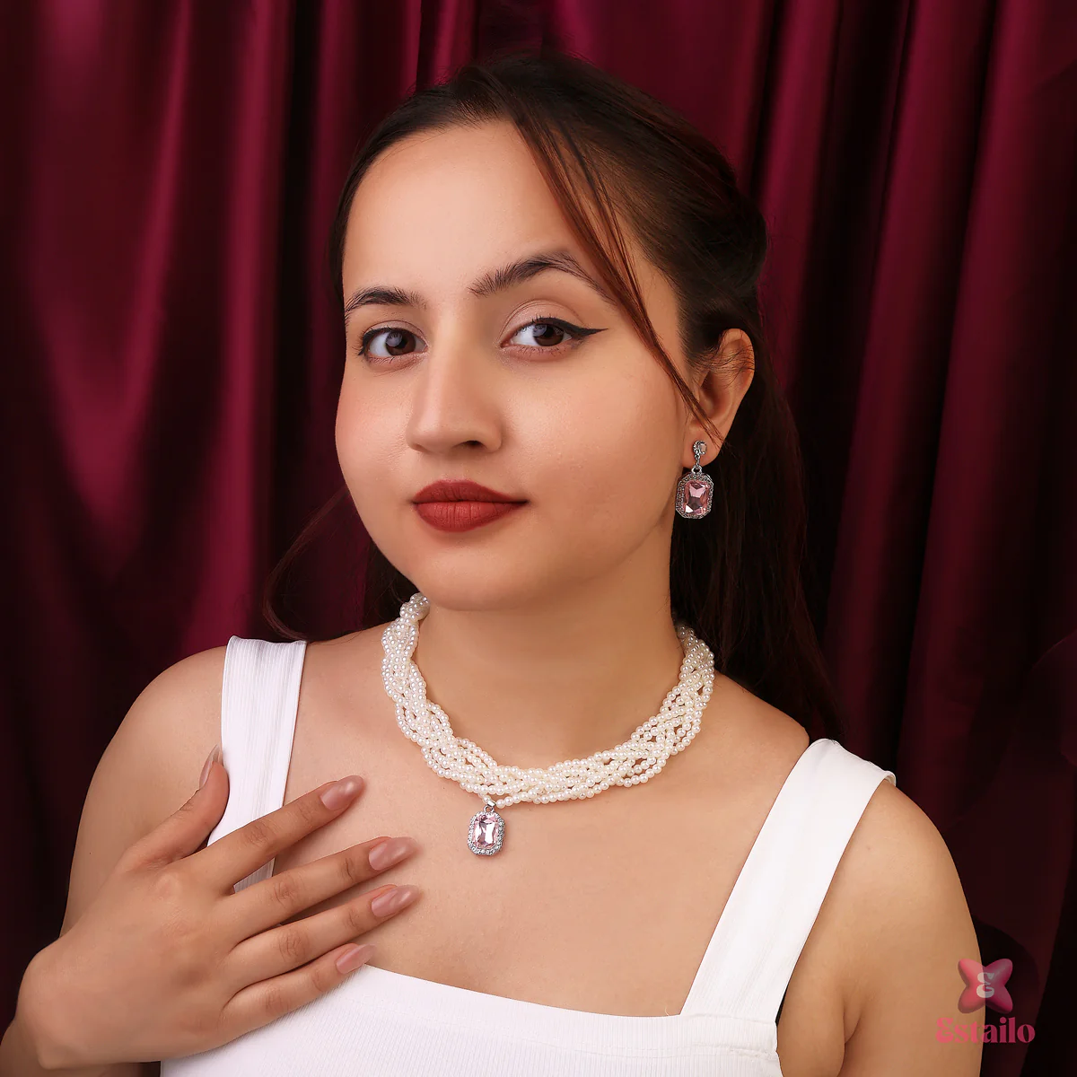 Imperial Pink Pearl Necklace Set - Image 3