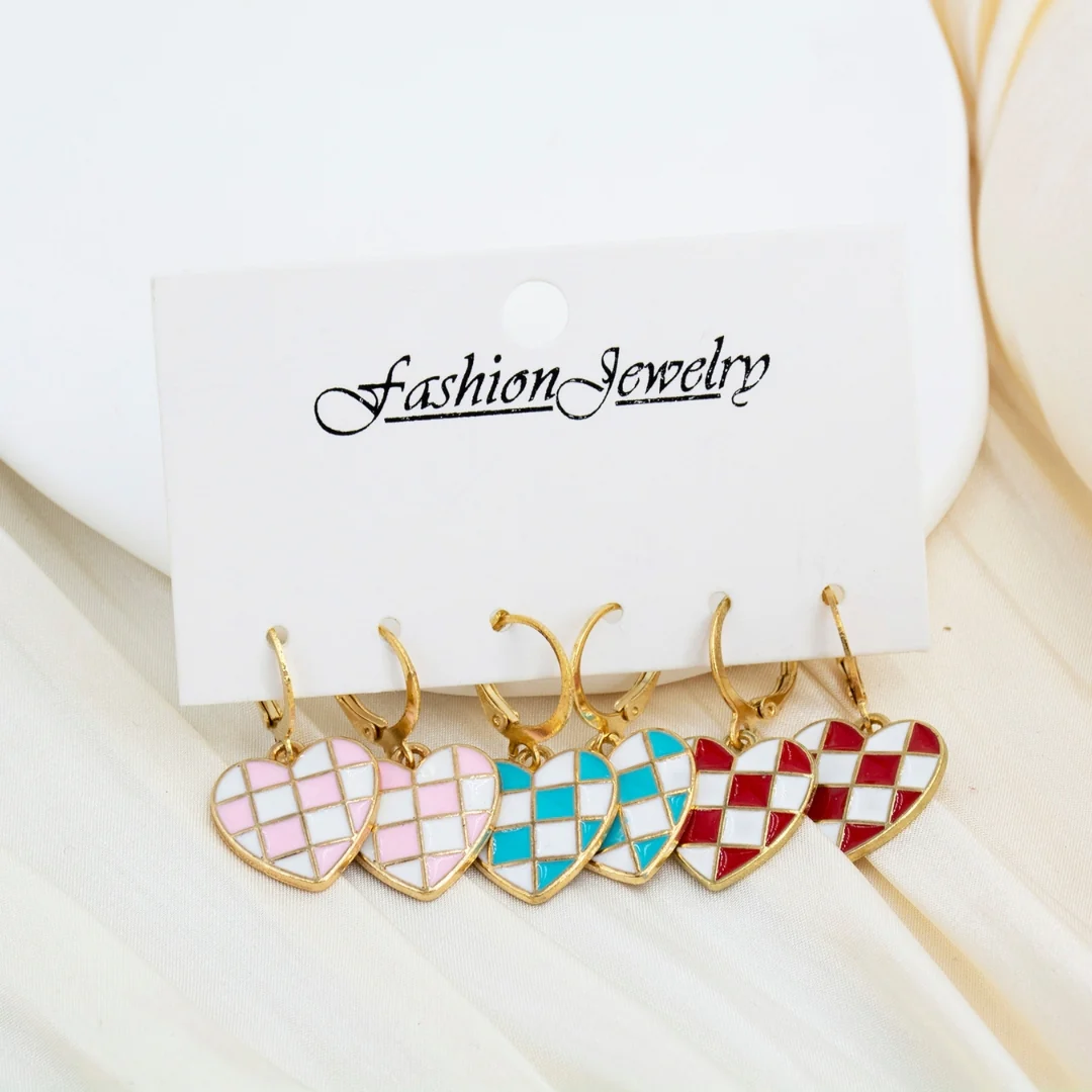 Retro Checkered Hearts Combo Earring