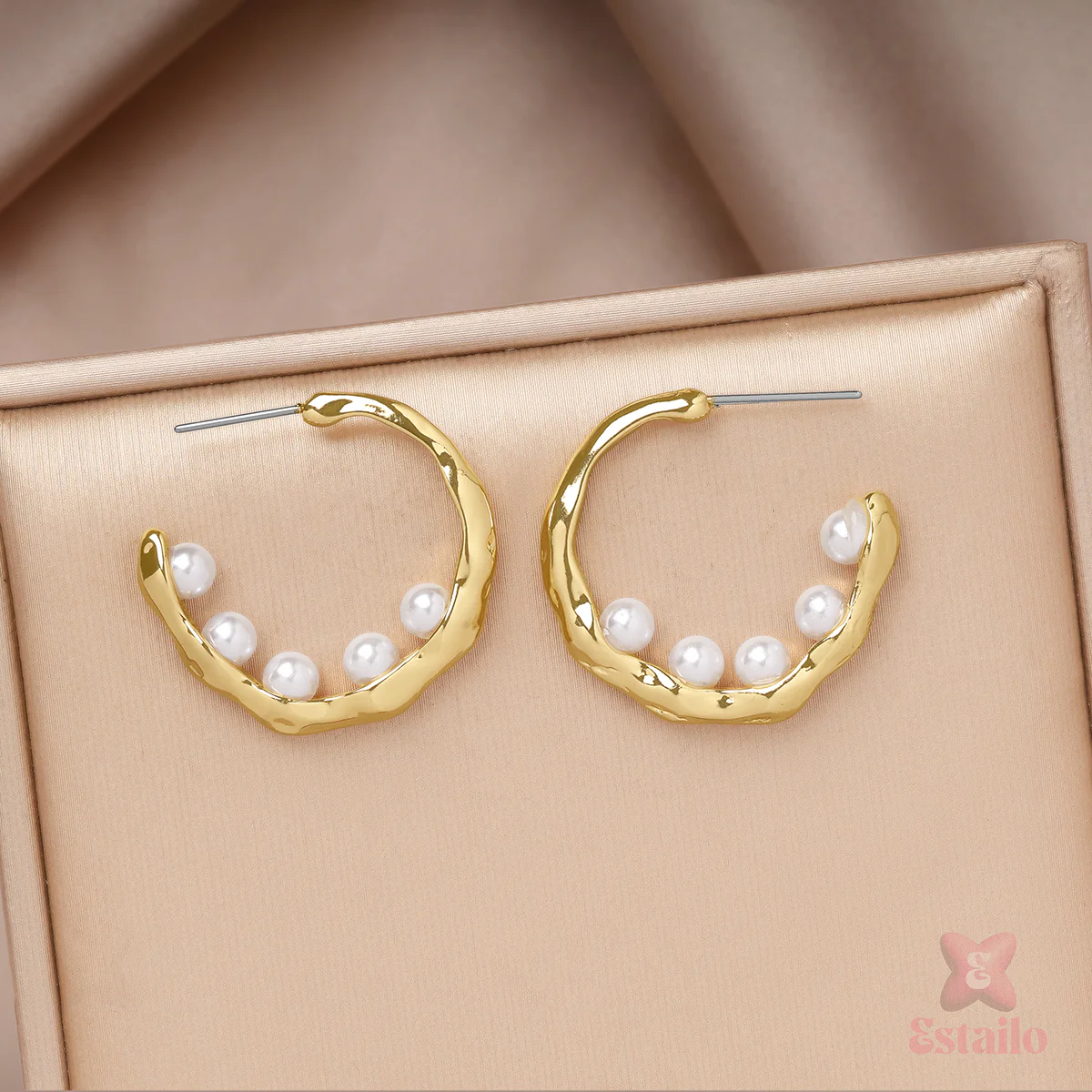 Pearl Crescent Hoops Earring - Image 2