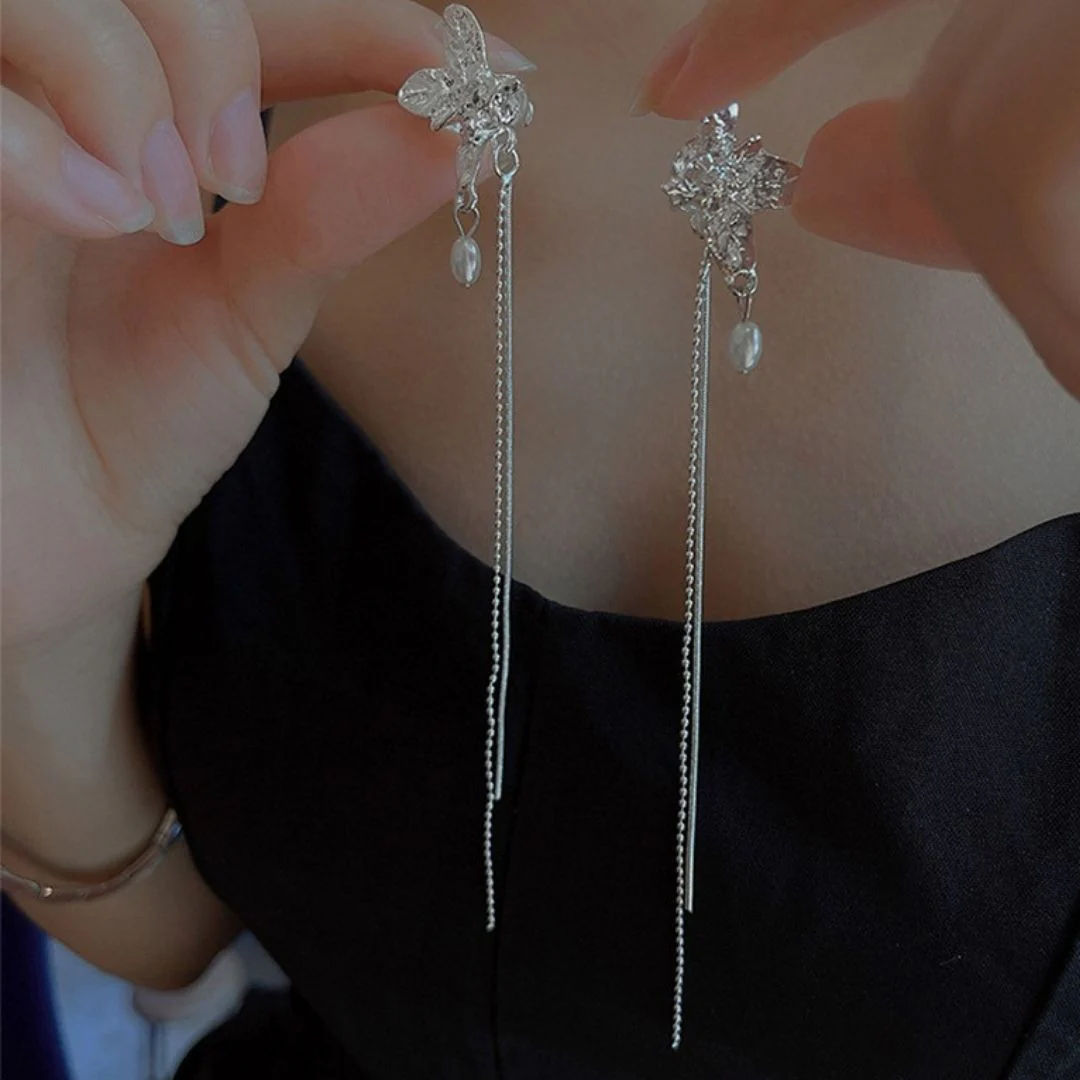 Silver Butterfly Pearl Danglers Earrings - Image 3