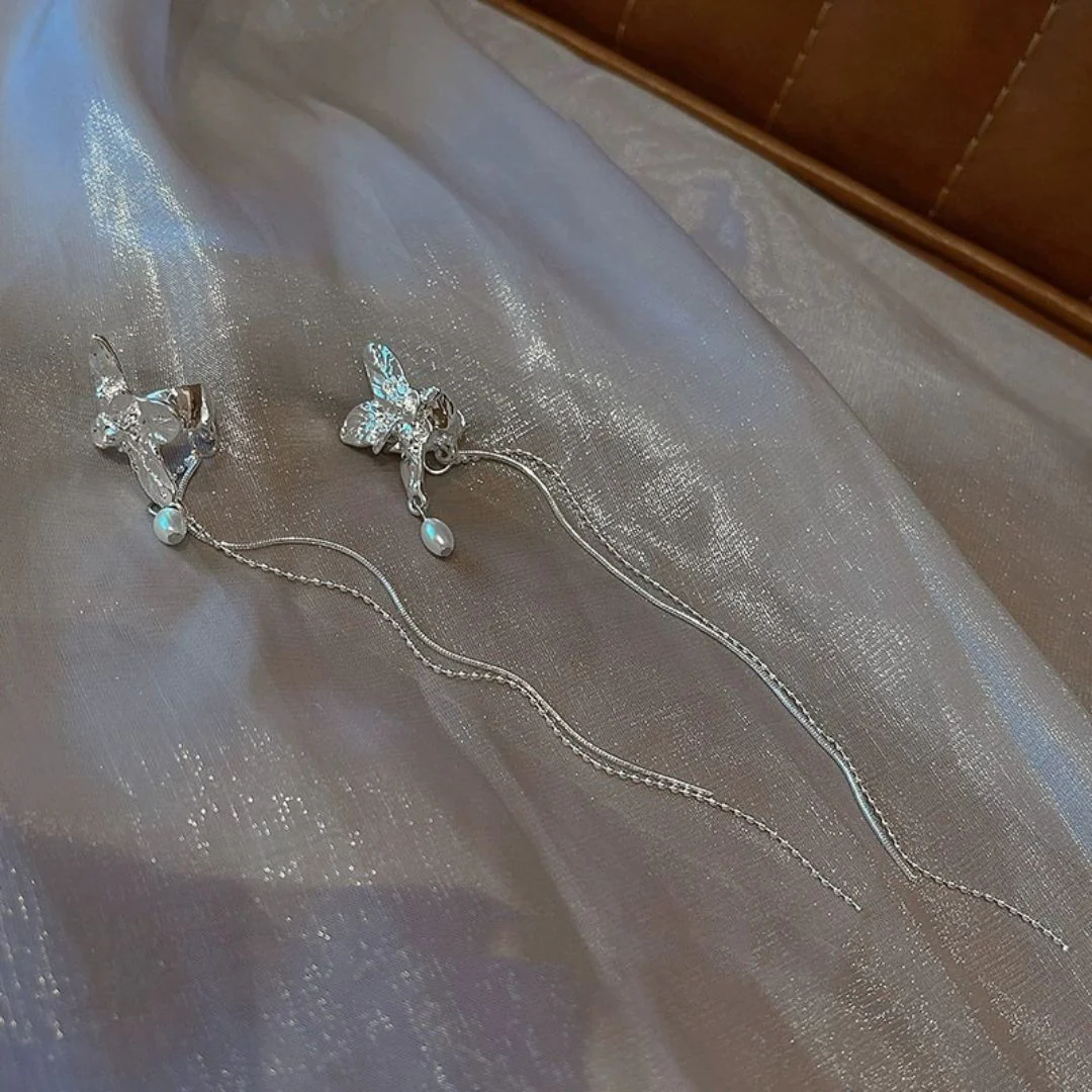 Silver Butterfly Pearl Danglers Earrings - Image 7