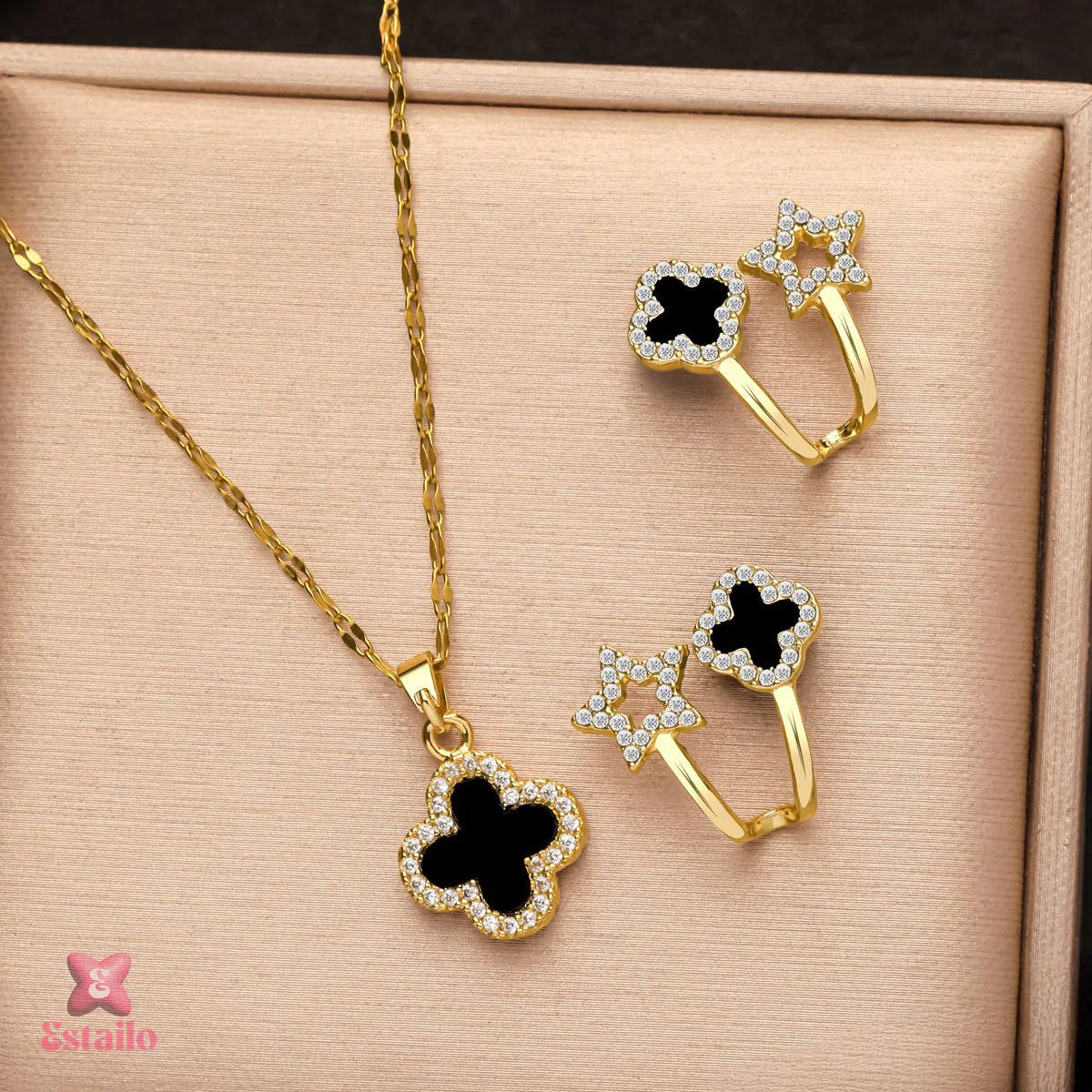 Starlight Clover Earrings & Necklace Set - Image 2